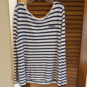 Striped Long Sleeve Top with Merci Embroidery